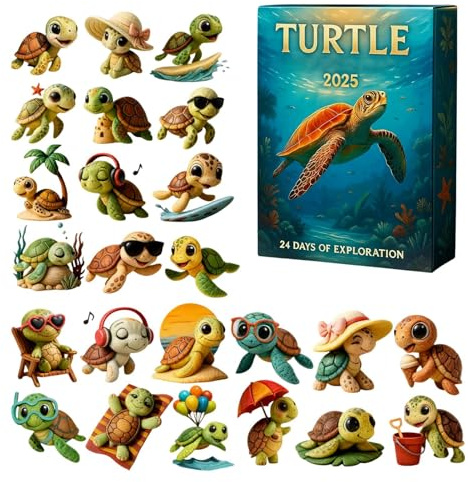 Schildkröten Adventskalender 2025, 24 Tage Weihnachts Countdown Kalender mit 2D niedlichen Meeresschildkröten Ornamenten, Maritime Sea Turtle Deko für Kinder und Meerliebhaber (26 x 18 cm)