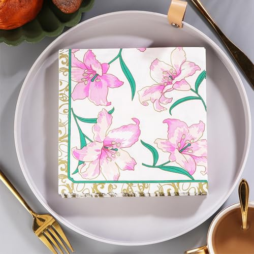 Serviettes en Papier Fleurs Violettes Serviettes de cocktail Décorations de fête,Absorbantes et pratiques - jetables pour mariage,anniversaire,apéritif,Noël,dessert 20 Paquet(33x33cm)