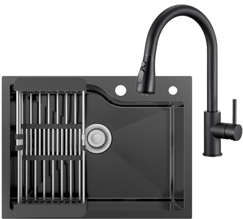 CECIPA 60 x 45 cm Évier noir en acier inoxydable avec arc robinet cuisine amovible, lavabo cuisine 1 baignoire noir pour meuble de 60 cm