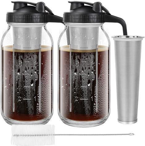 MSYU Paquete de 2 tarros de café frío de 1.9 L, cafetera de vidrio grueso con asa, filtro de acero inoxidable y tapa a prueba de fugas, jarra de infusión fría para café helado, té y leche