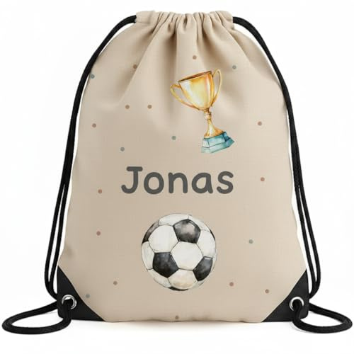 smartaini Turnbeutel mit Namen, Sporttasche Kinder, personalisierter Jutebeutel, Sportbeutel für Kita, Schule & Kindergarten (33x45cm) Stoffbeutel mit Kordelzug (Fußball)