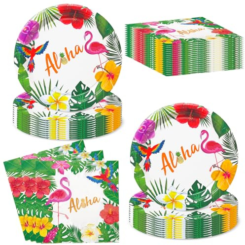 Vajilla Fiesta Hawaiana 40 Piezas, Platos Desechable Flamencos y Servilletas Aloha para 20 Invitados, Decoración Fiesta Tropical Luau con Flores y Hojas de Palma para Cumpleaños Playa Piscina y Verano