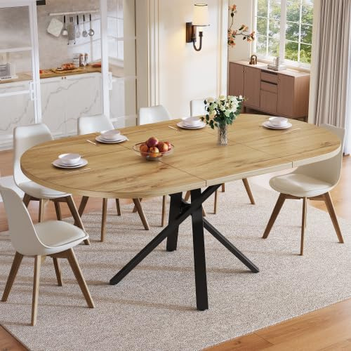 Merax Extendable Dining Table 100-140cm, Round to Oval Wood-Look Table, Black X-Metal Frame, Kitchen Table for 2-6 People, Space-Saving Dining Room Table