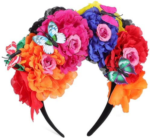 Minkissy Jour de La Couronne de Fleurs Mortes Couronne de Fleurs Mexicaines Bandeau Floral Halloween Costume de Fête D'halloween pour Femmes Filles (Coloré)