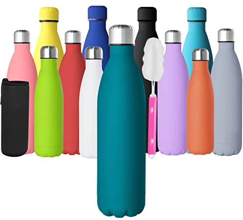GeeRic Botella Termica 750ml,Botella Agua Acero Inoxidable Mantener 12H Caliente/24 Frío,Botella de Agua+Cepillo+Bolsa portátil para Taza Termo para Acampar,Escuela,Deportes,Gimnasio,Azul Oscuro