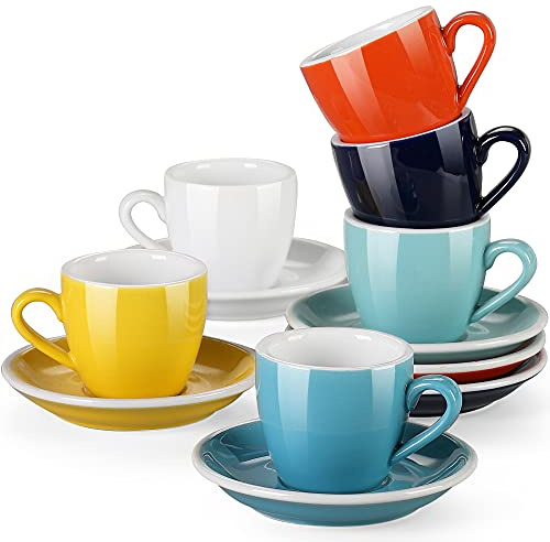 LOVECASA Porcelain Espresso Cups with Saucers - 80 ml - Set of 6, Cup & Saucer Sets, Hot Assorted Colors