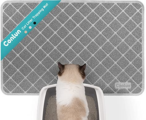 Conlun Cat Litter Mat Litter Trapping Mat, 89 x 58 cm Cat Litter Tray Mat, Premium PVC Grid Mesh Scatter Control Design Litter Box Mat, Urine Waterproof, Easy to Clean, Grey
