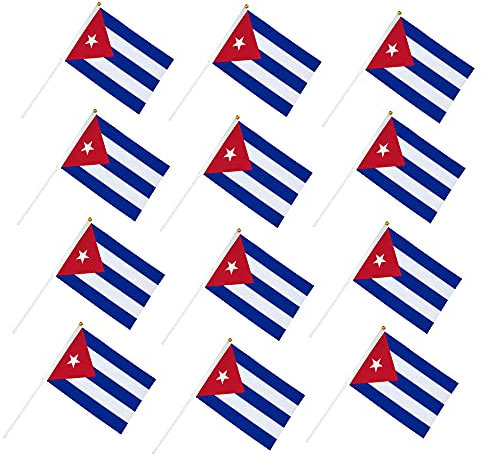 YUNGUANG Bandera de Cuba de 5 x 8 pulgadas, mini bandera de mano con poste sólido blanco de 12 pulgadas, decoraciones de banderas pequeñas (paquete de 12) suministros de bandera de cachorro para