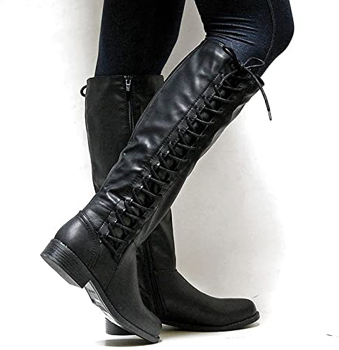 LLDG Damen Kniehohe Stiefel Flach Mit Absatz - Overknee Mode Schnürstiefel Elegant Langschaft Vintage Winterstiefel Rutschfest Warm Schneestiefel