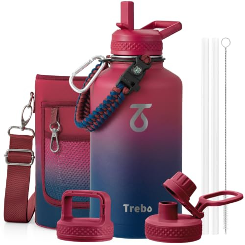Trebo 2 L Edelstahl Trinkflasche Isoliert mit Paracord-Griff & 3 Deckeln | Große Metall Wasserflasche mit Strohhalm, Drei-Wand-Vakuum Isolierflasche, 48 Stunden kalt 24 Stunden heiß, Spülmaschinenfest