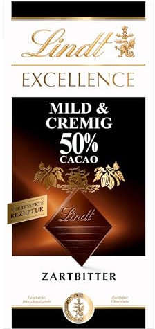 Lindt EXCELLENCE Mild & Cremig 50 % Kakao - Zartbitter-Schokolade | 100 g Tafel | Extra milde, feinherbe Bitter-Schokolade | Intensiver Kakao-Geschmack | Dunkle Schokolade | 100g (1er Pack)
