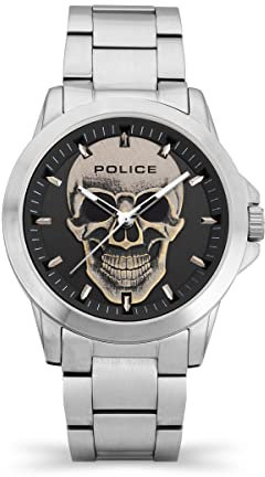 Police Flick PEWJG2194803 Herrenuhr mit Totenkopf-Design, schwarzes Zifferblatt und Edelstahlarmband, Edelstahlgehäuse 47 mm, Grau, Einheitsgröße, Armband