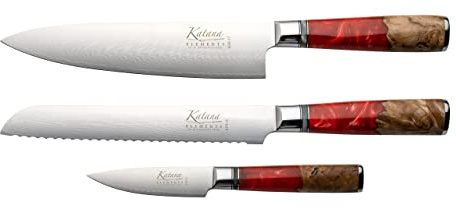 Katana Saya Elements 3-delat knivset, vulkanröd – Högkolhaltigt VG-10 Damaskusstål för extrem hårdhet och skärpa – Handtag i naturligt olivträ och harts