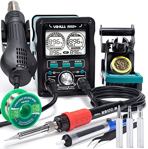 YIHUA 995D+ EVO Soldering Hot Air Station Kit 2-IN-1 110W Soldering Iron with LCD Display, Power Meter, Preset Channels, Sleep Mode, °C-°F Conversion, Automatic Shutdown