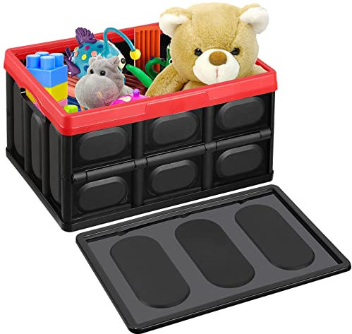Collapsible Storage Box With Lid 30L Plastic Tote Container - Stackable Folding Utility Crates for Clothes, Toys, Books, Snacks, Shoes - Black