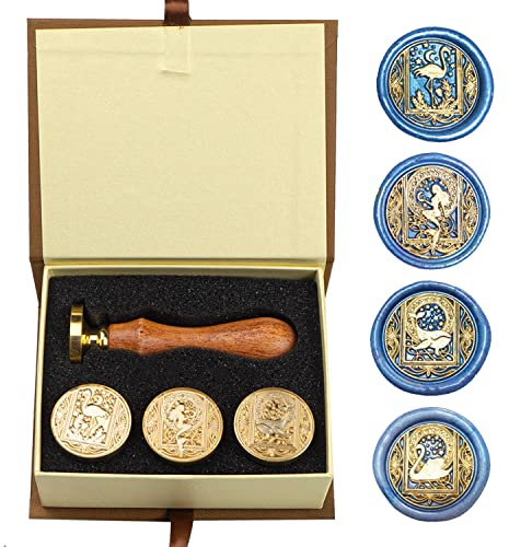 Wachs-Siegel-Stempel-Set, ANBOSE Tier-Wachs-Siegel-Stempel-Set mit 4 PCS abnehmbaren Messingköpfen und 1 Holzgriff, sternförmiger Wal-Schwan-Siegel-Wachsstempel für Karten Einladungen, M
