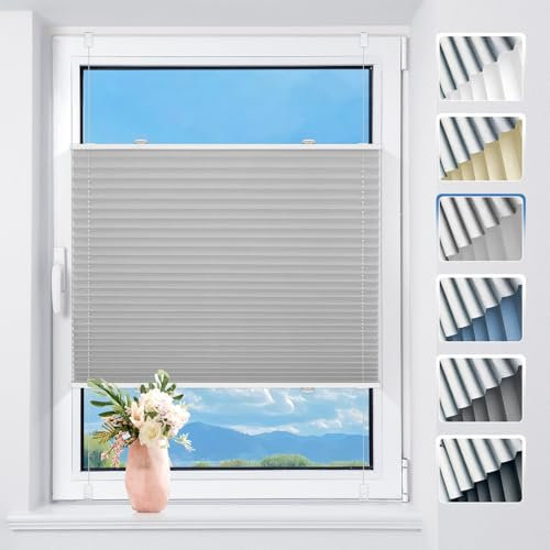 Plissee ohne Bohren Verdunkelung Thermo Plissees Klemmfix Hellgrau B35 x H80 cm - Verdunklungsplissee Plisseerollo Blickdicht & Sichtschutz für Fenster & Tür