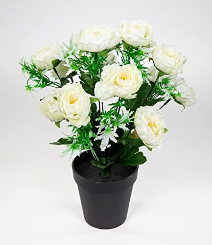 Seidenblumen Roß Ranunkelbusch 34cm weiß im Topf JA Kunstpflanzen Kunstblumen künstliche Ranunkel Blumen