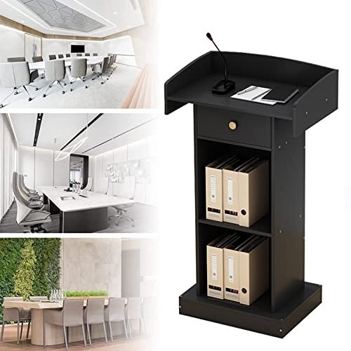 DFANCE Rednerpult Podium Multifunktionaler Sprachtisch Moderator Ceremonial Pult Schreibtisch Empfang Customer Desk for Unternehmen Campus,Leicht zu Montieren,Black Willow,with Drawers