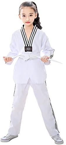 L SERVER Kimono Karaté Enfant Garçon Confortable Professionnel Kimono Judo Fille Col en V Tenue de Taekwondo avec Ceinture, Blanc B, 130