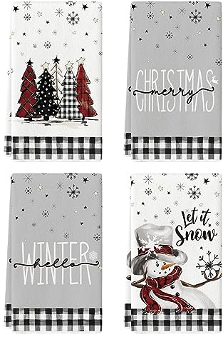 Artoid Mode Black White Buffalo Plaid Snowman Xmas Trees Christmas Kitchen Towels Dish Towels, 18x26 Inch Daily Winter Decoration Hand Towels Set of 4