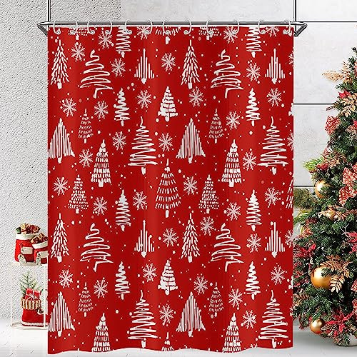 Hnmdmyi Tenda da doccia Natale 180x200, rosso e bianco albero di Natale inverno fiocco di neve felice anno nuovo vacanza tenda da bagno impermeabile poliestere tessuto lavabile con ganci