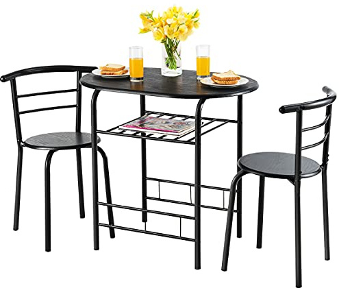 HOMASIS 3-Teilige Essgruppe Set mit Weinregal, Küchentisch & Stühle aus Holz & Metall, Esszimmerstühlen mit Rückenlehnen, Esstisch Set Sitzgruppe für Küche & Esszimmer (Schwarz)