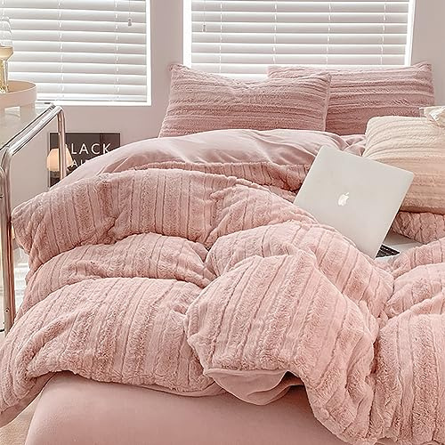 AShanlan Plüsch Bettwäsche 200x200 Winter Warme Flauschig Cashmere Touch Bettbezug Teddy Fleece Winterbettwäsche Set mit Reißverschluss und 2 x Kissenbezug 80x80 cm Rosa