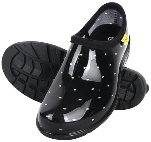 Kprm Flat Garden Shoes for Women Waterproof Slip-On Womens Rubber Rain Shoes Gardening Clogs with Comfort Insole (Polka Dot, 8)
