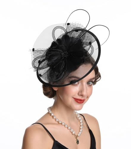 Sinamay Flower Feather Headband Fascinator Wedding Headwear Ladies Race Royal Ascot Pillbox Wedding Cocktail Tea Party Derby Hat for Women（SG-Black