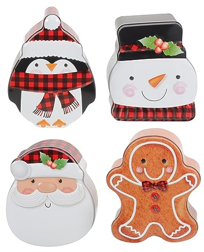 Milisten 4pcs Christmas Cartoon Tinplate Storage Box Adorable Snowman Penguin Gingerbread Man Santa Designs for Candy Cookies Biscuits Festive Decoration