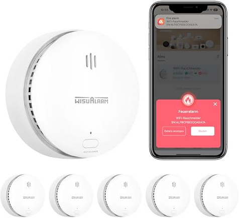 Wisualarm WLAN Rauchmelder,Rauchmelder mit austauschbarer Batterie, Feuermelder kompatibel mit Wisualarm Home Security App, TÜV-Zertifiziert nach EN 14604 (WLAN 5 Stück)