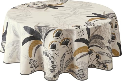 Le Linge de Jules Nappe Anti-Taches Palmiers - Ronde 160 cm, Beige, Gris, Noir