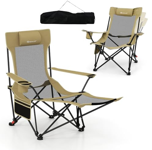 COSTWAY Folding Camping Chair, 2 in 1 Portable Reclining Camp Chair with Detachable Footrest, Adjustable Backrest, Storage Bag, Cup Holder & Headrest, Outdoor Lawn Chair for Fishing & Picnics (Khaki)