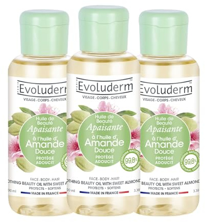 EVOLUDERM - Huile de Beauté à l'Huile d'Amande Douce - Huile Végétale - Visage, Corps, Cheveux - 100 ml - 99,8% d’Origine Naturelle - Végan - Fabrication Française - Lot de 3 x 100 ml