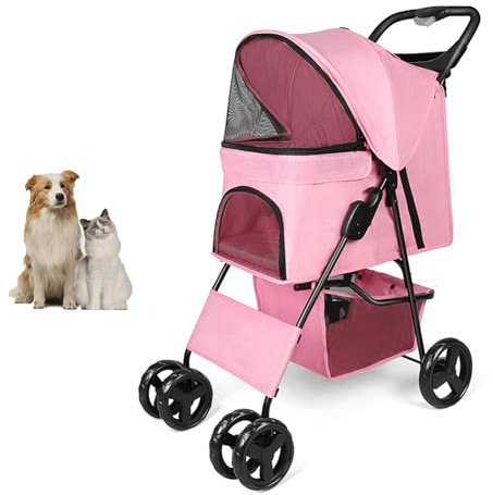YPDOPORA Upgrade Haustier-Hundewagen, Griff, 360°-Rad, Faltbarer Hundewagen Mit Aufbewahrungskorb Und Getränkehalter Für Kleine, Mittelgroße Hunde Und Katzen,Rosa