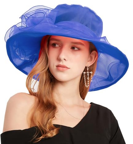 ZESLIV Damenhut Organza Hut Party Hochzeit Anlasshut Brauthut Sonnenhut mit Blumen Sommerhut Sonnenschutz Strandhut, Blau