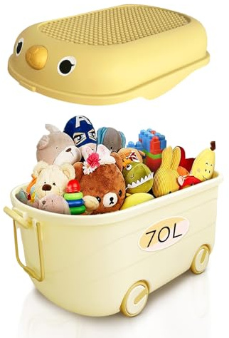 Froppi Toy Box Storage with Lid and Wheels, XL Size, 70L, (Yellow) | Stackable, Lockable, Large Capacity, Quality PP Plastic, Dog Toy Box, Toy Storage Unit, Kids Storage