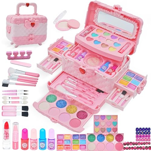 Kinderschminke Set Mädchen Schminkkoffer - 57 PCS Waschbar Kinder Make Up Set Schminkset Spielzeug,Rosa Schminke Halloween Weihnachts Geburtstag Geschenke Spielzeug für Prinzessin 4-12 Jahre