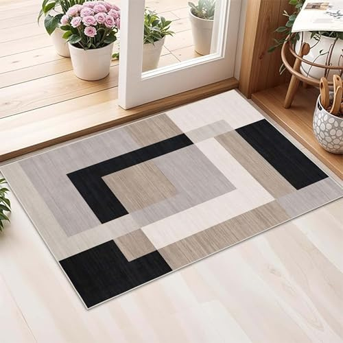 AMEHA Door Mat Indoor 40x60 cm - Beige & Black Small Rug (Milo Neutral) | OEKO-TEX Certified Printed Rug, Non Slip Backing, Low Pile, Non Shedding, Easy Care Geometric Design