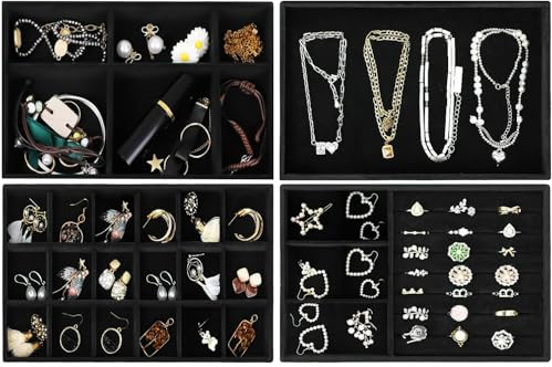Lighterday - Bandeja Para Joyas,Organizador de Joyas,4 Piezas,Bandeja Apilable de Terciopelo,Organizador de Joyas, Pendientes,Pulsera,Almacenamiento de Anillas (Negro)