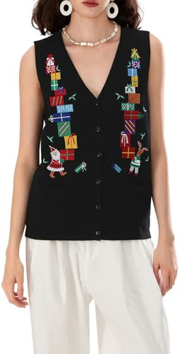 Vestes en chandail de Noël pour femmes - VESTWERNZATT - Tricot boutonné avec broderie graphique drôle - Débardeur de fête hideux de Noël, Noir , S