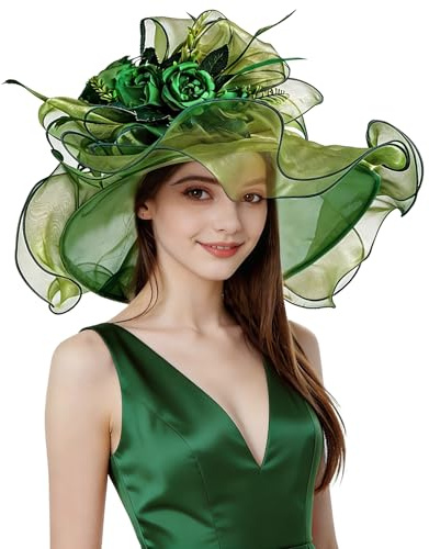 yrsZX Organza-Derby-Hüte für Damen, Hochzeit, Teeparty, Fascinator, Blumenmuster, breite Krempe, Sonnenhut, Style06 Olivgrün, Einheitsgröße