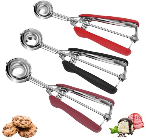 Set de 3 Porcionadores de Galletas, Cuchara para Helado de Acero Inoxidable con Gatillo, Dosificador de Masa, 1 Cda/2 Cda/3 Cda, Cuchara para Muffins, Cupcakes, Trufas, Melón y Albóndigas