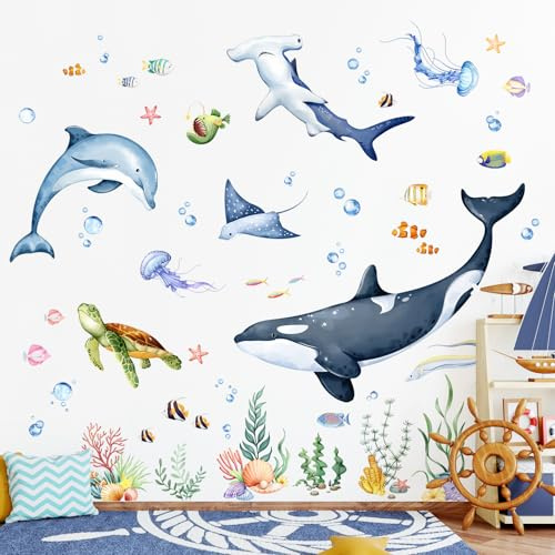 Decvictor Wandtattoo Meeresleben Wandaufkleber Wale Delfin Schildkröte Quallen Seegras Wandsticker Kinderzimmer Babyzimmer Jungenzimmer Wanddeko