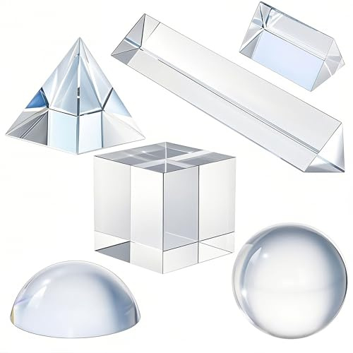 6 Stück K9 Optisches Kristall-Fotografie-Prismen-Set, inklusive 50 mm Kristallkugel, Würfel, optische Pyramide, 50 mm und 150 mm Dreiecksprisma, 60 mm Kuppellupe mit Tuch für Unterricht, Spielen | 50 mm Kristallkugel Prismen, Würfel, Optisch Pyramide, 50 & 150 mm Dreieckiges Prisma, 60 mm Kuppelvergrößerung mit Tuch