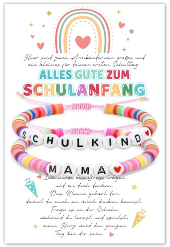 BOYATONG 2 Pcs Armband Schulkind 2026 Mädchen, Geschenke zur Einschulung Bunt Mutter Tochter Armband mit Karte Schulanfang, Erster Schultag Schultüte Füllung Einschulung Mädchen Geschenk Decorations