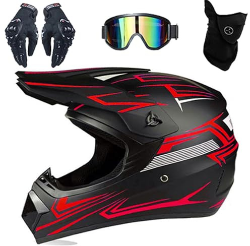 Casque de Motocross IntéGral, Homologué DOT, Avec Lunettes, Gants, Masque, éQuipement de Protection Pour Jeunes Enfants, Moto Tout-Terrain, Descente, Enduro, VTT, BMX, Quad, Dirt Bike(Red Phantom,M(54