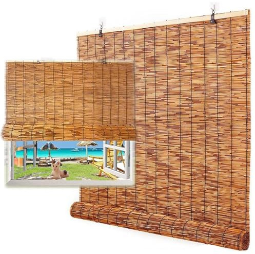 Retro Carbonization Natural Schilf Vorhang Rollo Bambus Handgewebt Mit Lifte Atmungsaktiv Outdoor-vorhänge Strohjalousien Für Terrasse Garten Fenster Küche(120x250cm)