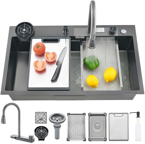 Ribanedy Negro-Gris Multifunción Fregadero de Cocina Cascada, 76 x 46 cm, Acero Inoxidable Moderno, Fregadero Cocina 1 Seno con Grifo Extraíble, Lavacopas y Accesorios